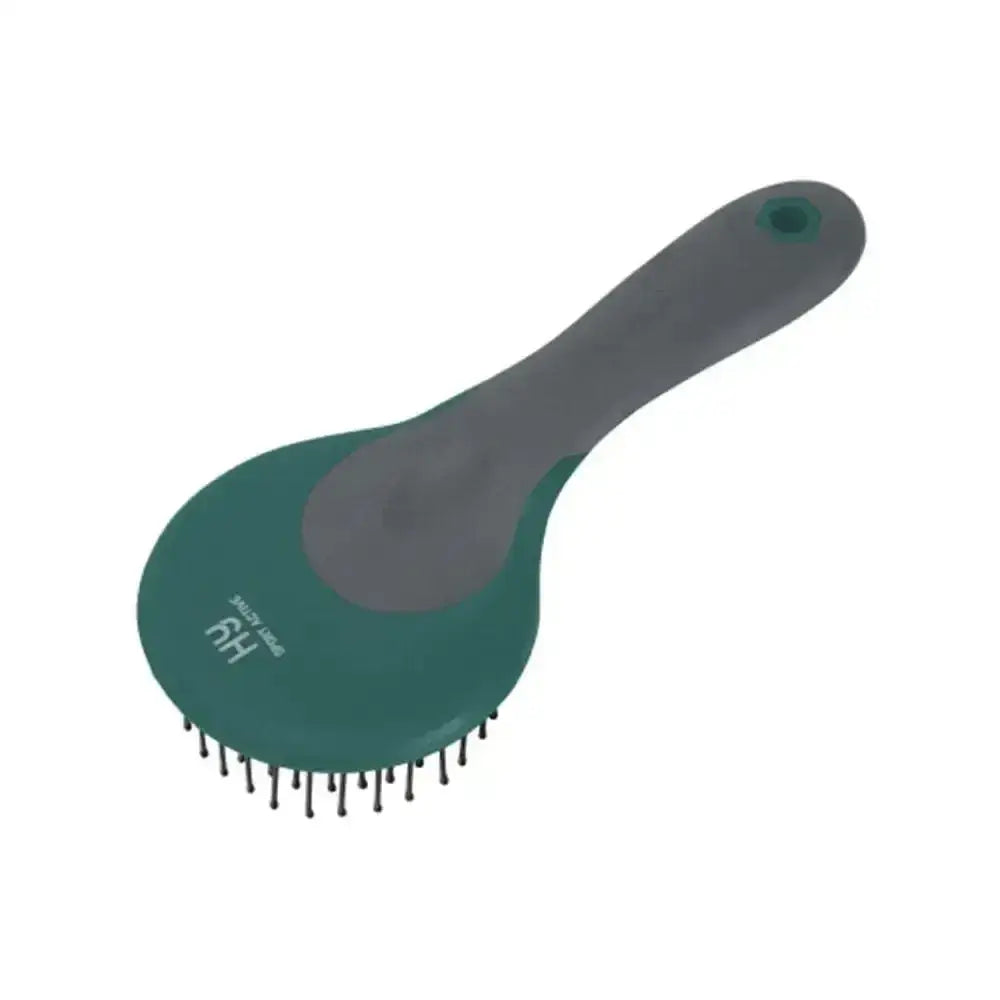 Teal and gray hy sport active mane and tail brush with black bristles and round head mane for grooming horses