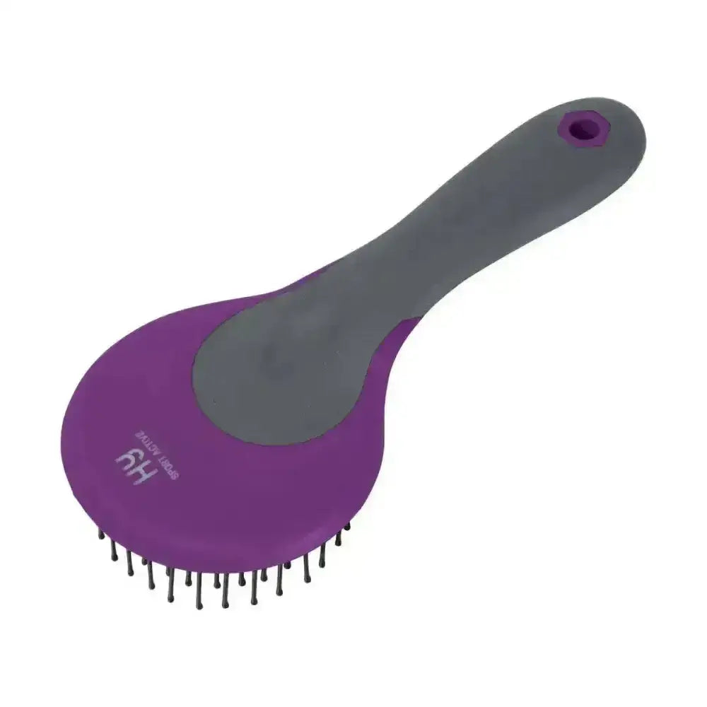 Purple and gray hy sport active mane and tail brush with black bristles and round head mane design