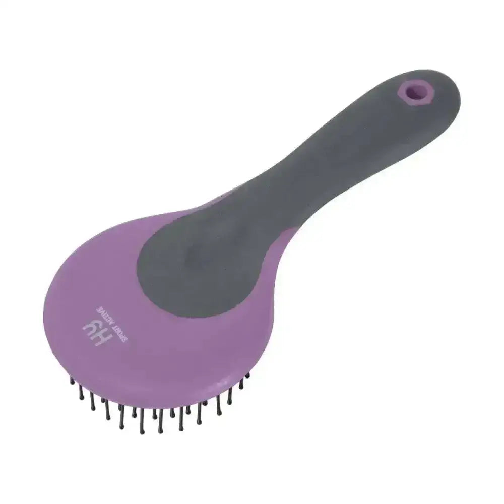Purple and gray hy sport active mane and tail brush with black bristles and round head mane for grooming horses