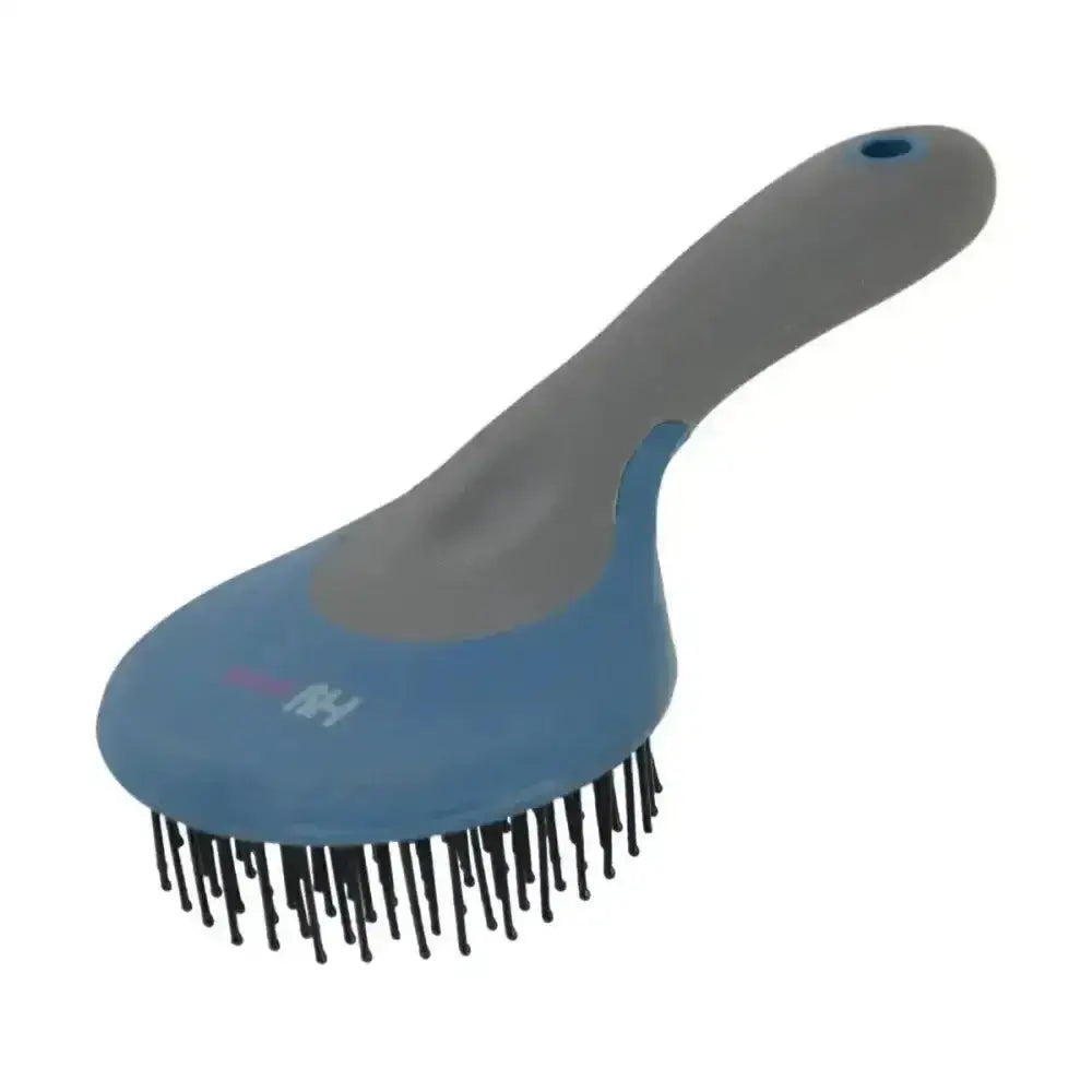 Hy sport active mane and tail brush with round head mane, blue and gray handle, and black bristles for grooming