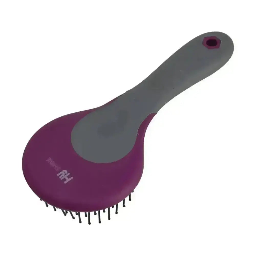 Hy sport active mane and tail brush with purple and gray round head and black bristles for sport active mane care