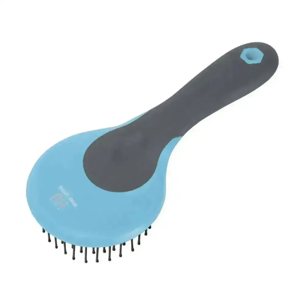 Light blue and dark gray hy sport active mane and tail brush with black bristles for round head mane grooming