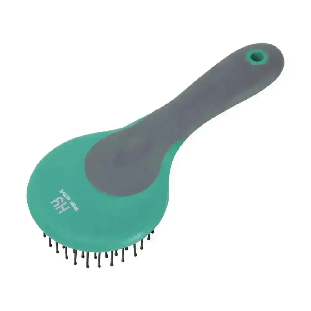 Teal and gray hy sport active mane and tail brush with black bristles and round head mane design