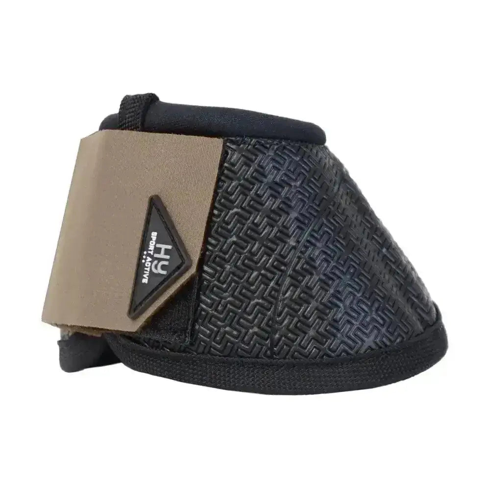 Black woven-patterned hy sport active over reach boots with tan strap and black logo patch from active colour collection