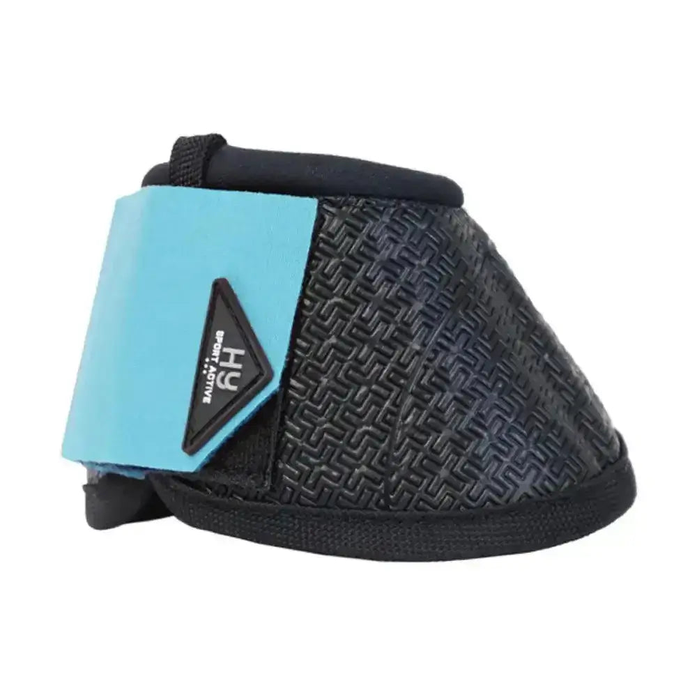 Black and light blue hy sport active over reach boots with textured pattern and triangular logo from active colour collection