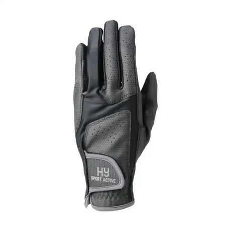 Black and gray perforated leather hy sport active lightweight synthetic riding glove showing back side with wrist strap