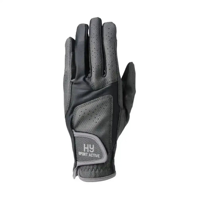 Black and gray perforated leather hy sport active lightweight synthetic riding glove showing back side with wrist strap