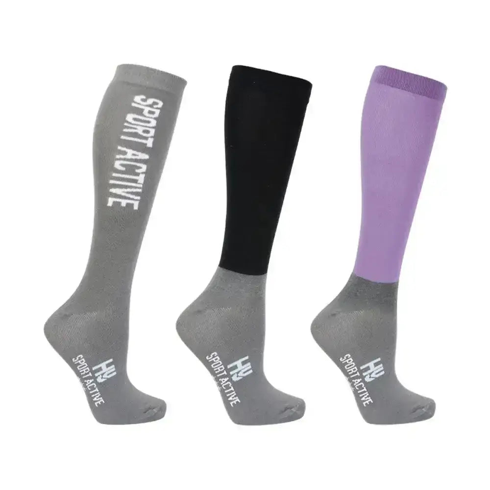 Three hy sport active riding socks in gray black and purple with grey foot sections from a colourful sock range