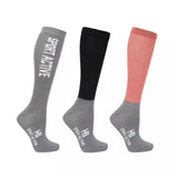 Three pairs of hy sport active riding socks in gray black and coral with matching cuffs in a colourful sock range