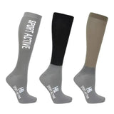 Three pairs of hy sport active riding socks in gray black and beige with sport active branding perfect for active riding