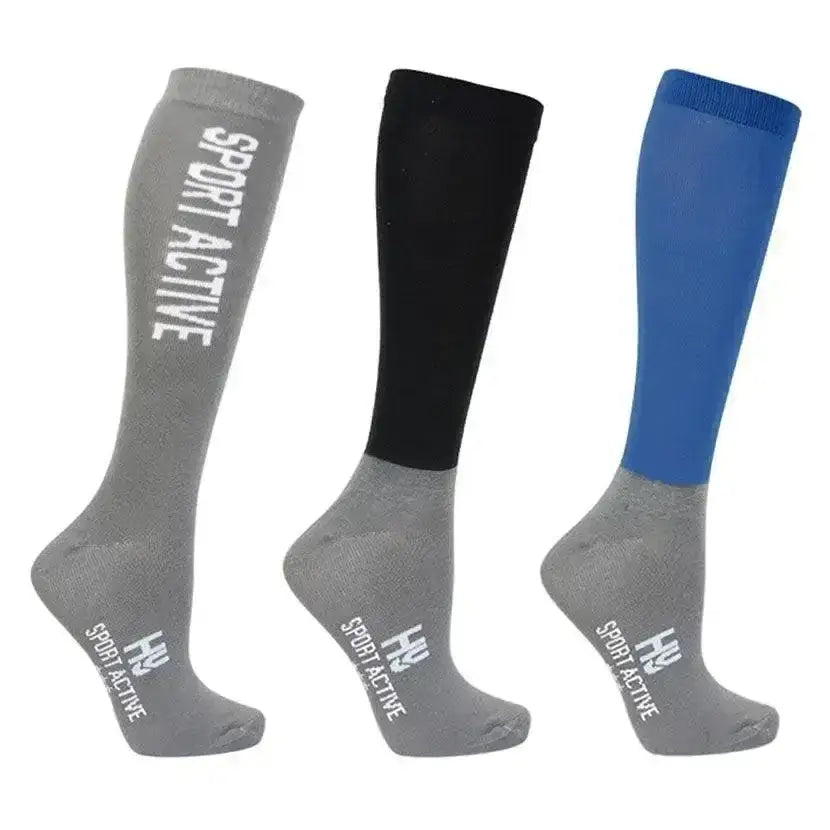 Set of three hy sport active riding socks in gray black and blue with matching gray toe caps for sport active riding