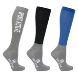 Set of three hy sport active riding socks in gray black and blue with matching gray toe caps for sport active riding