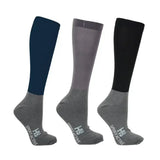 Three sporty knee-high active riding socks in navy gray and black with gray cuffs from hy sport active riding pack
