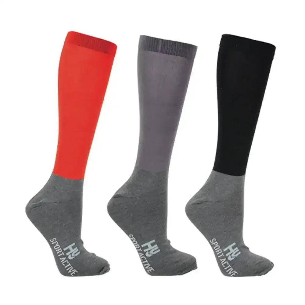 Three sporty hy sport active riding socks in red gray and black with contrasting gray foot and sport active branding on heel