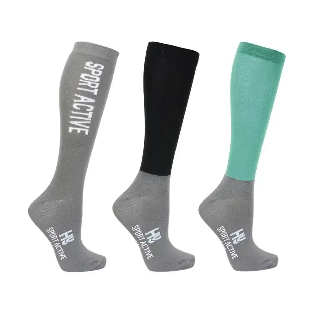 Three active riding socks in gray black and teal with sport active branding from hy sport colorful sock range