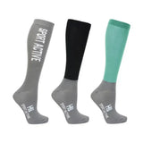 Three active riding socks in gray black and teal with sport active branding from hy sport colorful sock range