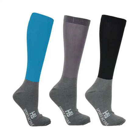 Three hy sport active riding socks in teal gray and black with matching gray foot sections from colorful sock range