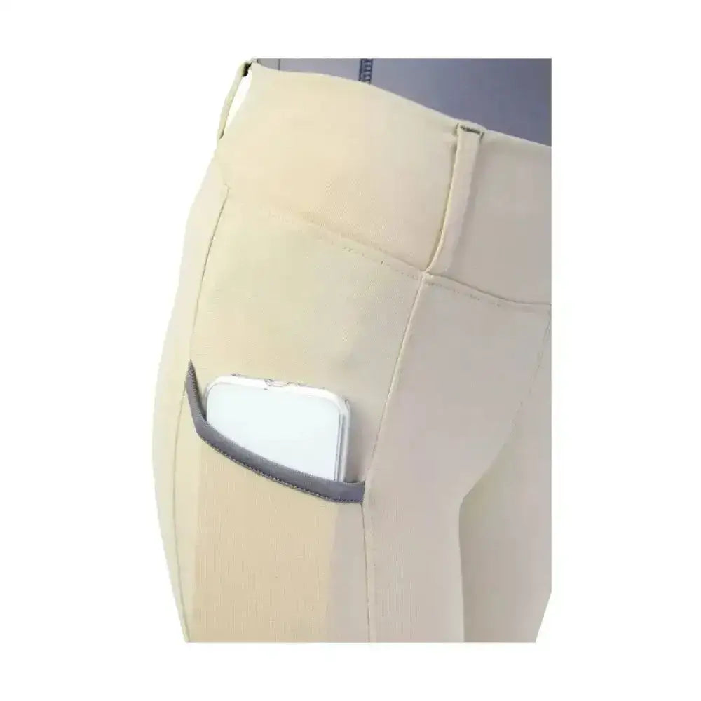 Beige hy sport active riding tights with gray trimmed side pocket holding white smartphone and wide stretch waistband