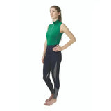 Green and navy blue sport active sleeveless top with high collar and gray side panels from hy sport active collection base layers