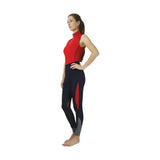 Hy sport active sleeveless top paired with red and navy blue leggings with bold red panels and gray ankle accents from sport active collection base layers
