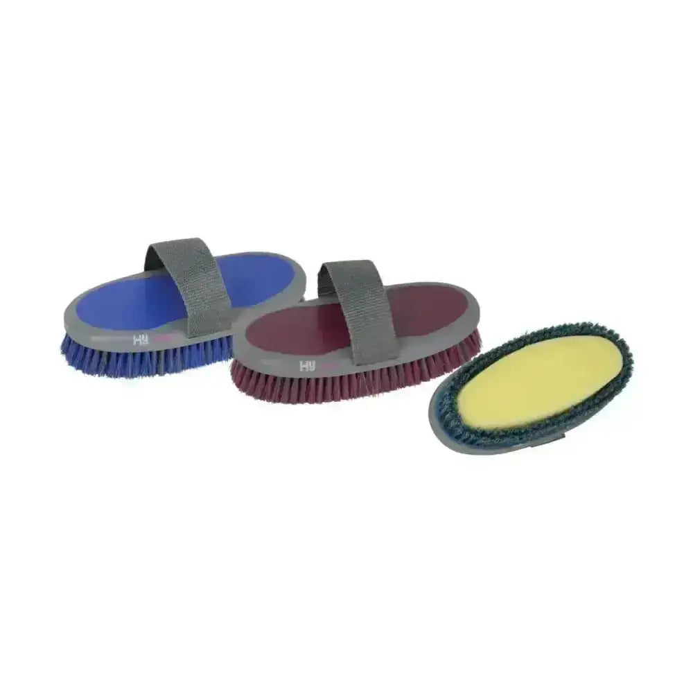 Set of three hy sport active sponge brushes with blue maroon and yellow bristles on gray handles for super handy grooming