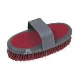 Red and gray hy sport active sponge brush with textured grip strap for super handy grooming of horses