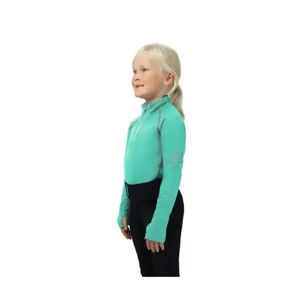 Teal hy sport active young rider base layer with half zip collar gray shoulder panels soft breathable fabric