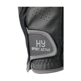 Back of gray mesh riding gloves with black accents and hy sport active velcro strap for active young rider use