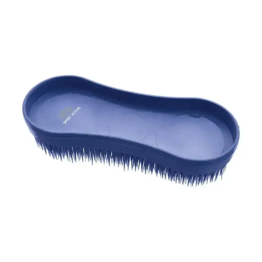 Blue plastic horse brush with dense stiff bristles from hy sport miracle grooming brushes for effective grooming