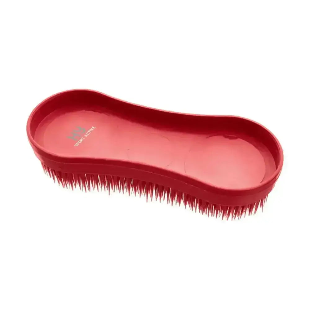 Red plastic hy sport miracle grooming horse brush with dense stiff bristles and contoured handle for grooming