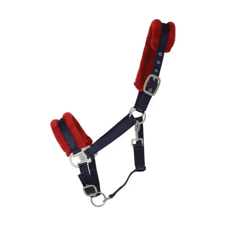 Navy blue leather two tone faux fur head collar with red fleece padding and silver hardware fully adjustable headcollar