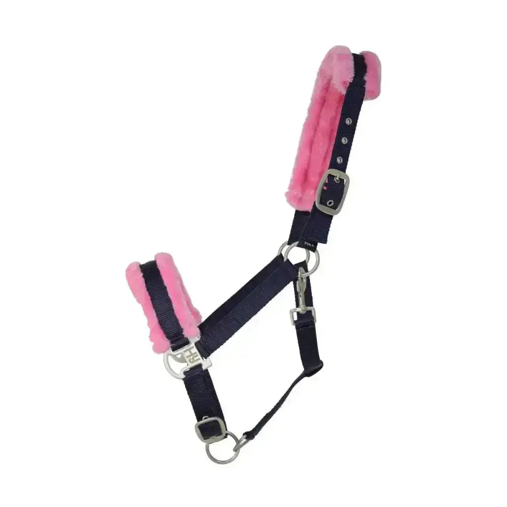 Pink and navy blue two tone faux fur head collar with plush ear padding and fully adjustable design for horses