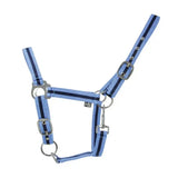 Light blue and navy two-tone head collar with silver metal hardware perfect affordable headcollar for horses