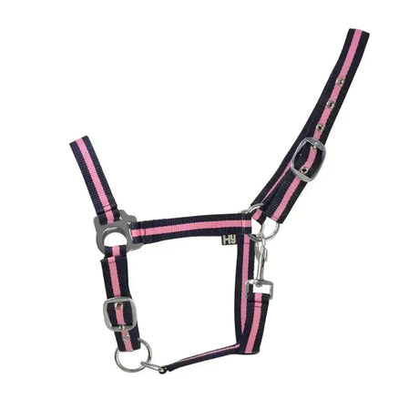 Pink and black striped two-tone head collar with silver metal hardware affordable horse halters for everyday use