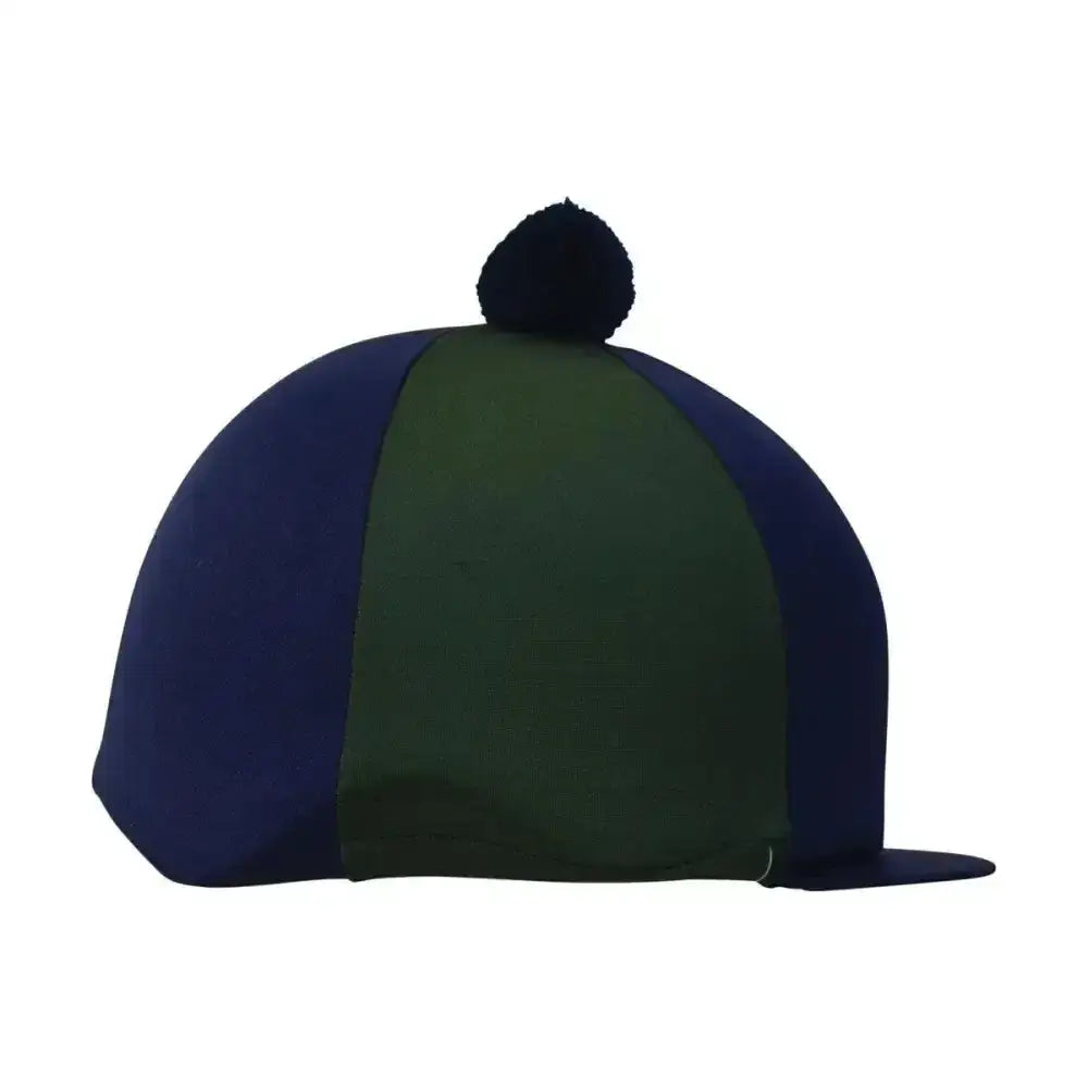 Hy two tone lycra silks horse hood in navy blue and forest green with a fantastic bobble hat pom pom on top