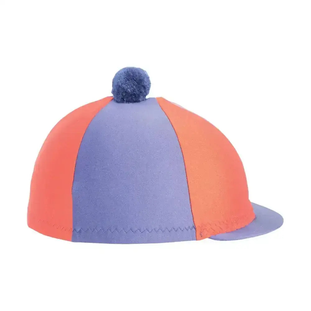 A fantastic bobble hat silks featuring vibrant orange and lavender two tone lycra silks with a navy blue pom pom