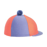 A fantastic bobble hat silks featuring vibrant orange and lavender two tone lycra silks with a navy blue pom pom