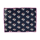 Navy blue reversible unicorn dog bed blanket with fun unicorn themed rainbow cloud patterns and pink border