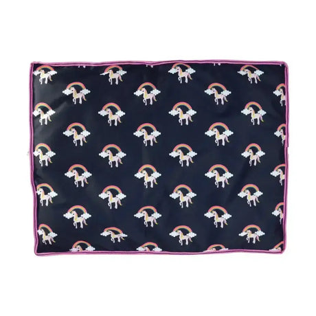 Navy blue reversible unicorn dog bed blanket with fun unicorn themed rainbow cloud patterns and pink border