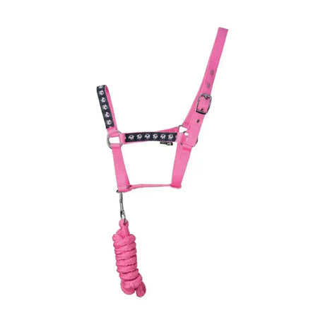 Pink unicorn head collar with black skull unicorn print accents and matching pink braided lead rope for a magical touch