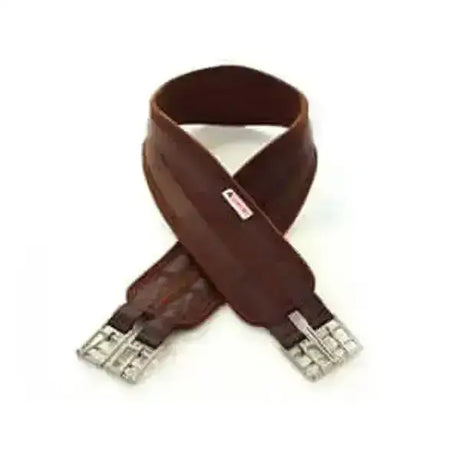 Brown leather hycomfort cushion girths with silver metal buckles for comfortable and secure riding gear