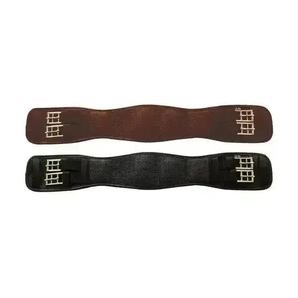 Brown and black leather horse halters with silver buckles shown with hycomfort waffle dressage girth elasticated ends