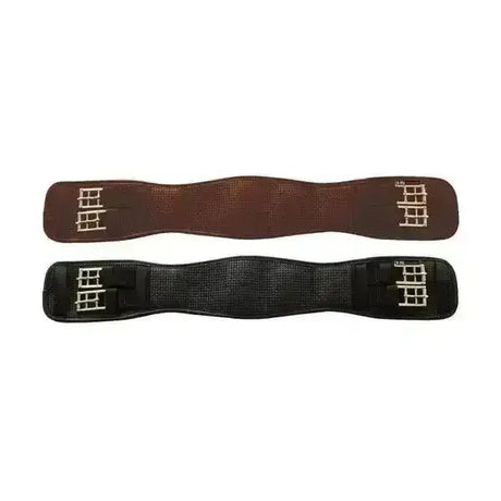 Brown and black leather horse halters with silver buckles shown with hycomfort waffle dressage girth elasticated ends