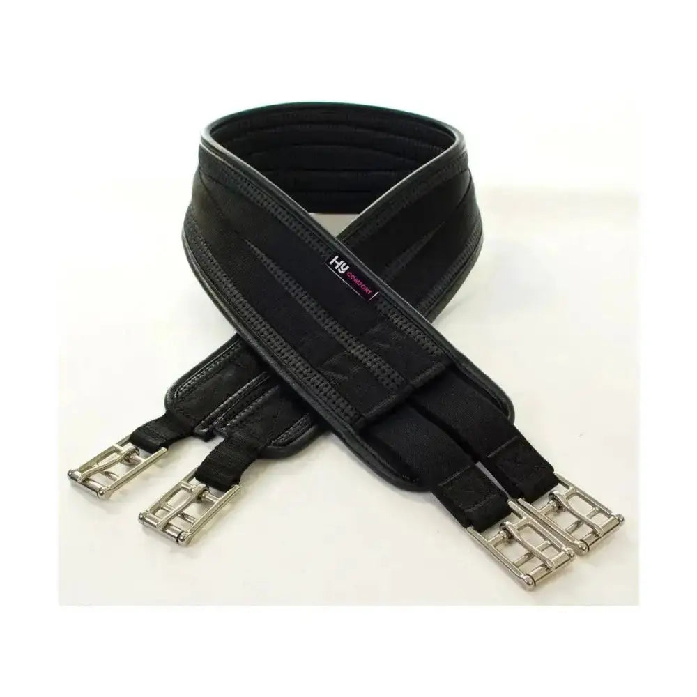 Black leather hycomfort waffle girth with silver buckles and subtle hy logo for super strong secure fit