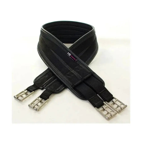 Black leather hycomfort waffle girth with silver buckles and subtle hy logo for super strong secure fit