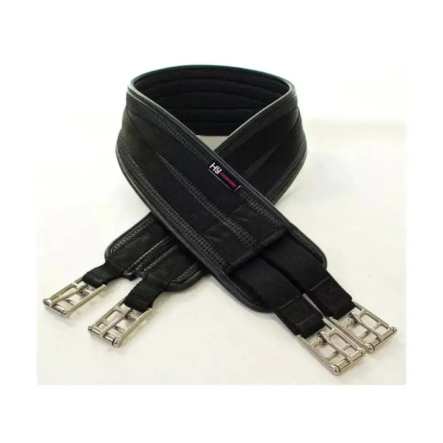 Black leather hycomfort waffle girth with silver buckles and subtle hy logo for super strong secure fit