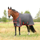 Black and red hyconic 0g turnout rug with reflective trim super lightweight charcoal waterproof denier rug