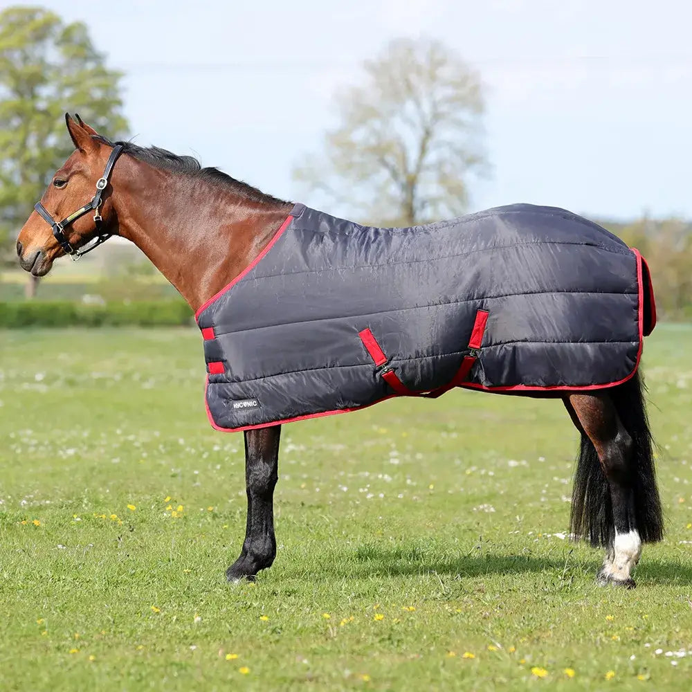 Dark gray quilted hyconic 100g stable rug with red trim and adjustable straps made from durable fabric