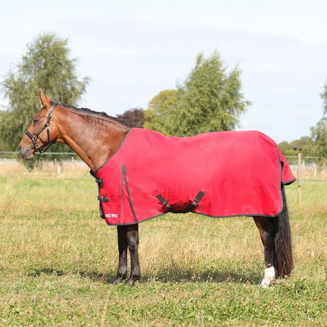 Red hyconic 100g turnout rug with black trim and adjustable straps designed for horses and equestrian use