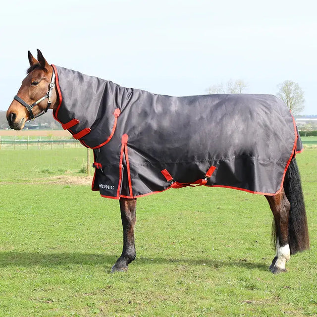 Black and red hyconic 200g combi turnout rug with adjustable straps and brand logo on the side for horse protection